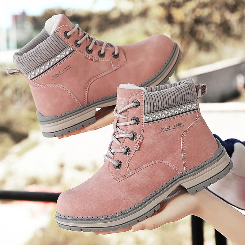 JOKIHA Ankle Boots Women Winter PU Leather Plush Warm Waterproof Short Motorcycle Boots Women's Shoes Booties