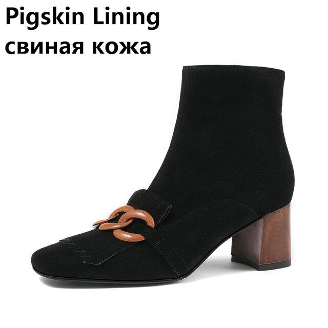 VERCONAS Autumn Winter Women Ankle Boots Kid Suede Shoes Woman Square Toe Chain Side Zipper New Office Thick Heel Boots
