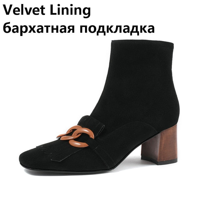 VERCONAS Autumn Winter Women Ankle Boots Kid Suede Shoes Woman Square Toe Chain Side Zipper New Office Thick Heel Boots