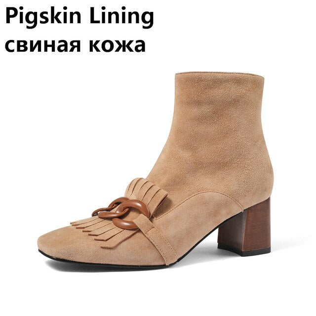 VERCONAS Autumn Winter Women Ankle Boots Kid Suede Shoes Woman Square Toe Chain Side Zipper New Office Thick Heel Boots