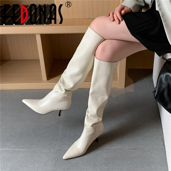 FEDONAS Top Quality Genuine Leather Knee High Boots Leather Concise Female Pointed Toe High Heels Pumps Party Shoes Woman
