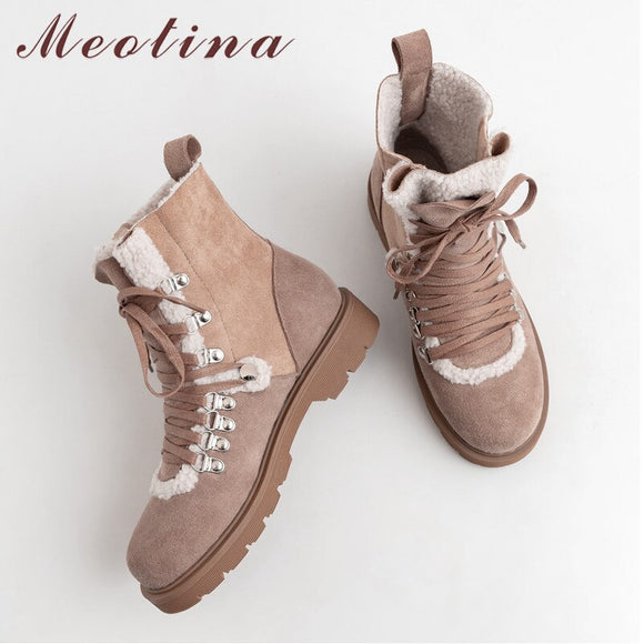 Meotina Real Leather Snow Boots Women Cow Suede Plush Flat Ankle Boots Lace Up Round Toe Shoes Lady Winter Big Size 33-42