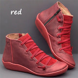 WEALTHY Women's PU Leather Ankle Boots Autumn Winter Cross Strappy Vintage Zipper Punk Flat Short Snow Lace-Up Shoes