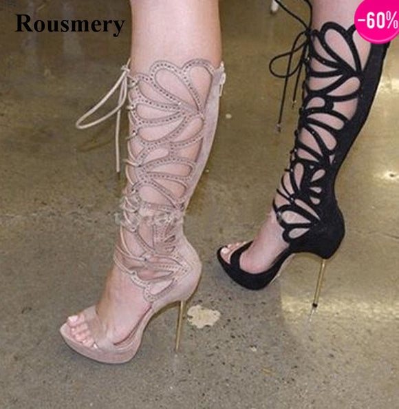 Women Charming Design Open Toe Lace-up Rhinestone Knee High Gladiator Stiletto Heel Sandal Dress Boots