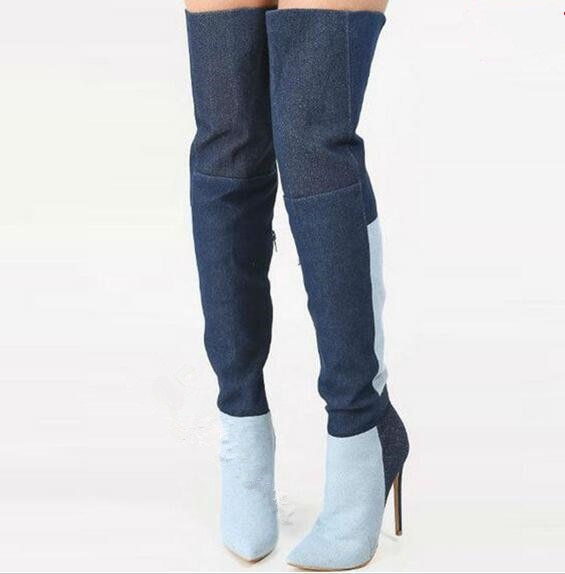 Spring Patchwork Denim Boots Pointed Toe Super High Heels Thigh High Boots 2 Colors Over-the-Knee High Long Boots