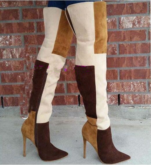 Spring Patchwork Denim Boots Pointed Toe Super High Heels Thigh High Boots 2 Colors Over-the-Knee High Long Boots