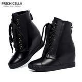 PRICHICELLA Silver Chained Lace-Up Wedge Ankle Boots Genuine Leather Winter Boots for Women
