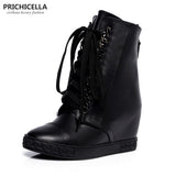 PRICHICELLA Silver Chained Lace-Up Wedge Ankle Boots Genuine Leather Winter Boots for Women