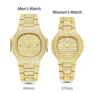 MISSFOX Top Luxury Brand Fashion 18K Gold Full Dimaond Decorated Women's Men's Steel Quartz Waterproof Iced Out Couple Watch Set